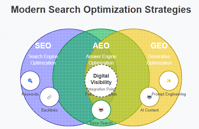 venn diagram of sorts for seo, aeo and geo